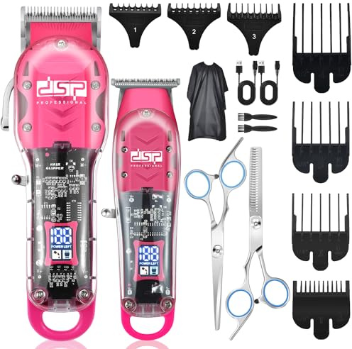Dsp® coupe - cheveux pour hommes, kit tondeuse ensemble professionnel de coiffeur pour la Coupe des cheveux et de la barbe, tondeuse à barbe à pas zéro avec affichage LED (Rose)