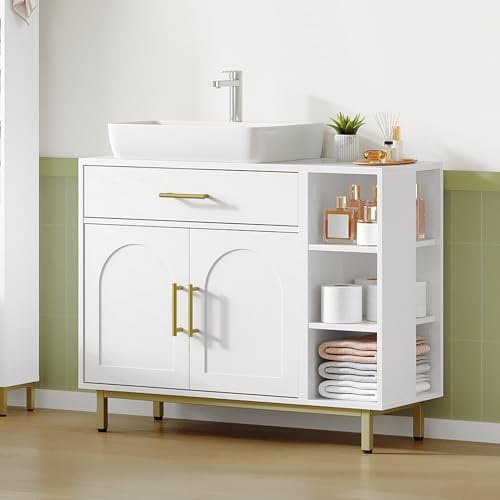 Hzuaneri Mueble Bajo Lavabo, Armario de Baño, 1 Cajón 2 Puertas de Armario, Compartimento Abierto con 3 Niveles, Izquierda y Derecha Intercambiables, Compartimento Ajustable, Blanco, BC28813G