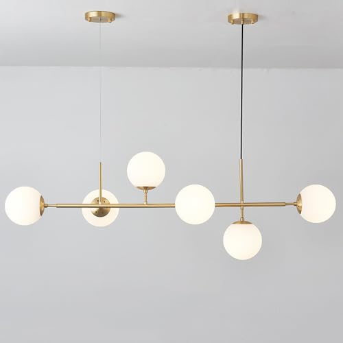 YVAMNAD 6-flammige Decken-Pendelleuchten-Sets, Mid-Century-Kronleuchter, Milchglas-Pendelleuchte, Globus, Gebürstetes Gold, Hängeleuchte, Moderne Lange Hängeleuchte Für Kücheninsel, Esszimmer, Flur