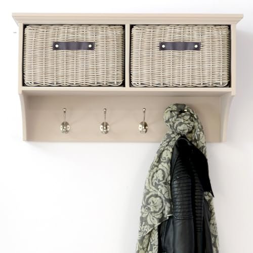 Tetbury Wall Mounted Coat Rack with Storage Baskets | Hanging Shelf 4-5 Double Hooks, Washable Baskets | Fully Assembled Hallway Furniture (Truffle, Small)