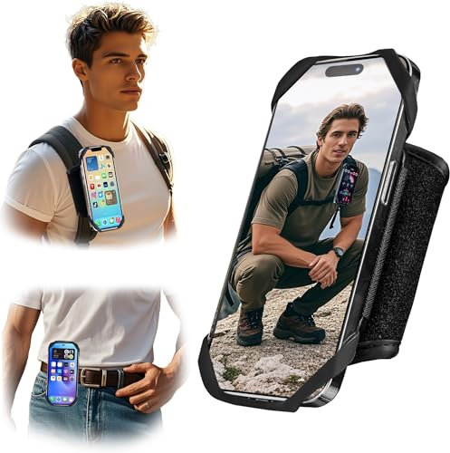 Arovina Portacellulare da Zaino, supporto per telefono con tracolla per zaino 2 in 1 per telefoni da 4.5-7'', girevole a 360, staccabile, vestibilità sicura per spallacci da zaino larghi 4-7 cm