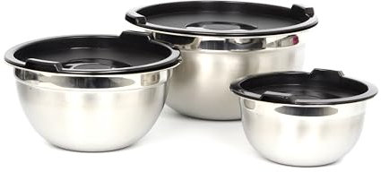 BIRAMBEAU , Ensemble de 3 Bols en Acier Inoxydable avec Couvercles, Bols de Service Empilables, Argenté et Noir