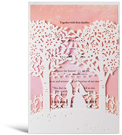 Hosmsua 50 inviti per matrimonio con alberi tagliati al laser, colore bianco e rosa, con inserto ad acquerello, design a forma di cuore, eleganti inviti di fidanzamento – Confezione da 50