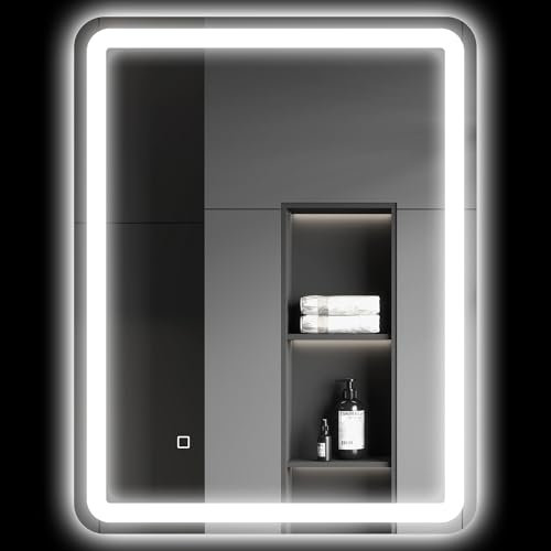 HOMCOM Miroir Salle de Bain avec éclairage LED, 70 x 90 cm, 42 W, Miroir Salle de Bain Mural, lumière réglable 3 Couleurs, Anti-buée, mémoire, Montage Horizontale ou Verticale, Argent