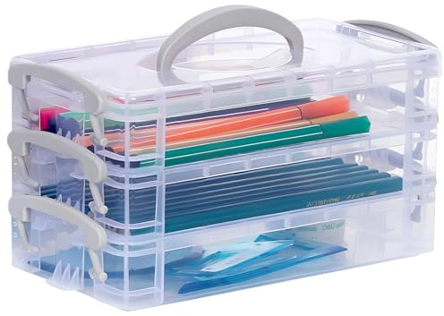Qualsen 3 Pack Pencil Box with Snap-Tight Lid, for Office, 21 x 10 x 4 cm | Plastic Clear Pencil Case with Handle, Stackable Large Capacity Stationary Organiser for Crayon, Pen, Stationery Supplies