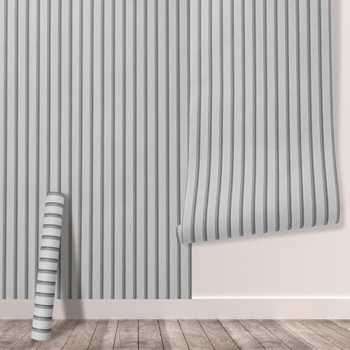 Tarwanear Wood Effect Wallpaper Wood Slat Wallpaper 1 Roll(5.03m²) Light Grey Wooden Slat Effect Wall Paper Natural Wooden Slatted Roll for Living Room Bedroom Office Front Desk Feature Wall