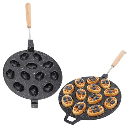 Buachois Walnuss keksform,12 Löcher Nussbäcker, Antihaft Nusskeks Förmige Schimmelpilze Kuchenhersteller mit Holzgriff Nussformen Nussmaker Nuss Waffeleisen Backform Eierwaffelpfanne Pfannkuchentopf
