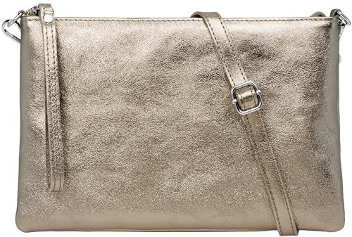 Caspar XL Clutch Echt Leder Damen Umhängetasche große Abendtasche mit abnehmbarem Gurt & Handschlaufe - CLASSIC LINE - Modell No.843 - Made in Italy, Farbe:platin metallic