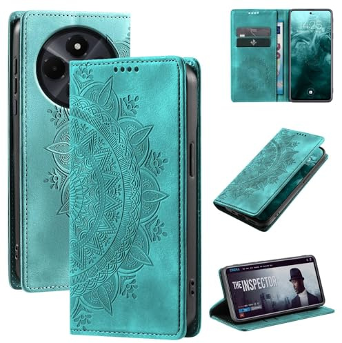 LBH Handyhülle für Xiaomi Redmi 14C Mandala Klapphülle RFID Schutz Kartenfächer Geldfach Design Cover Case Flipcase Türkis
