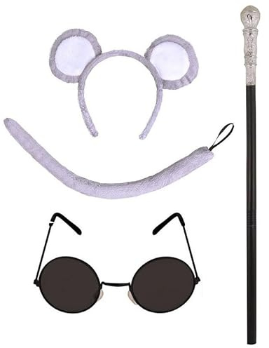 jokeshop 4 Piece Grey Blind Mouse Set (Grey Ears, Tail, Black Glasses & Cane) Adults Animal Headband Accessory Rat World Book Day Adult Fancy Dress Fairytale Three Blind Mice