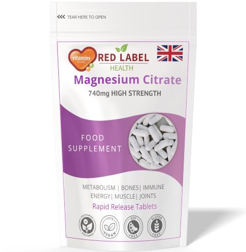 Red Label Health Magnesium Citrate 180 Capsules 740mg Provides 200mg Elemental Magnesium Highly Absorbable Bone, Muscle, Energy Support One a Day Vegan Capsules