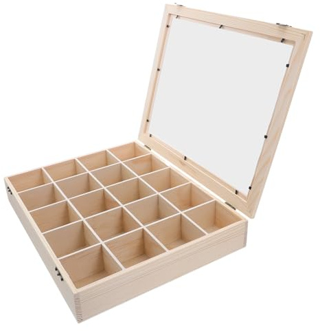 CATIEBYE Holz Mineralien Aufbewahrungsbox Mit Klarem Deckel Geteilte Fächer Kratzfestes Sammelkasten Für Kristall Steinproben Vielseitiger Organizer Für Sammlung Und Edukation