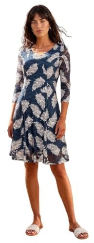 Roman Originals Leaf Print Lace Stretch Dress for Women UK - Ladies Everyday Autumn Winter Round Neckline Comfy Soft Evening Vacation Work Party Night Out