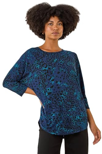 Roman Originals Stretchy Top for Women UK - Ladies Jersey Blouse Smart Casual Tunic Work 3/4 Length Sleeve Round Neck Boat Neckline Flattering Autumn Winter - Blue Noir - Size 20