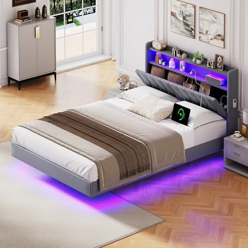 Besbed Double Bed Frame, 4ft6 Upholstered Bed with Storage, Platform Bed Frame With LED, USB Ports & Charging-Station,Velvet Bed with Concealed Headboard, No Mattress