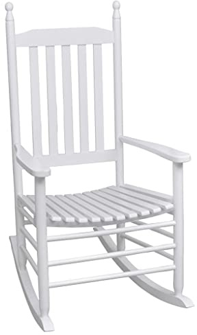 Bucmath Schaukelstuhl mit Gebogener Sitzfläche, Weißes Massivholz, 60,5x82x114 cm, Vintage Design für Wohnzimmer und Terrasse, Bequemer Outdoor Stuhl