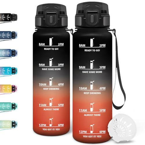 Motswedi Botella agua 1 litro, con Marcador de Tiempo, Botella agua Gimnasio, a Prueba de Fugas, Cantimplora, Cantimplora 1l, para Gym, Deportes, Oficina, Negro Rojo