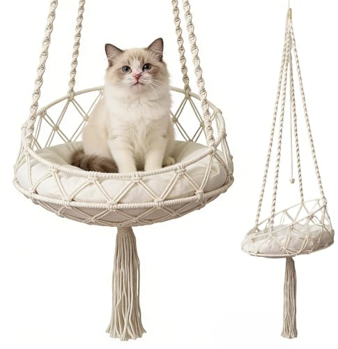 Katzenschaukel, HOVCEH Boho Makramee Katzen Hängematte mit Katzenspielzeug-Stick, 40cm Katzenhängematte Hängen Fenster für Garten, Terrasse, Balkon, Wohnzimmer