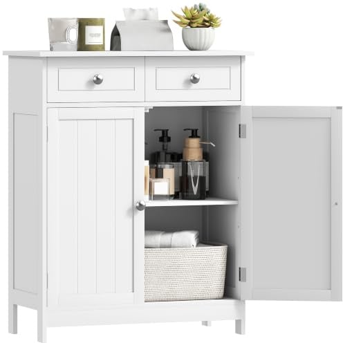 kleankin Meuble de Salle de Bain avec 2 Tiroirs 60 x 30 x 75 cm Blanc | Meuble de Rangement avec Placard Double Porte, Étagère Réglable, Armoire Salle de Bain, Salon, Chambre