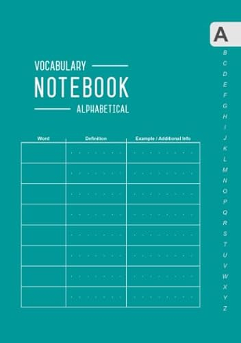 Vocabulary Notebook Alphabetical: A5 Medium Notebook 3 Columns with A-Z Tabs Printed | Smart Design Teal