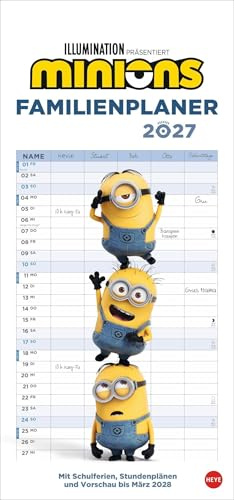Minions Familienplaner 2027: Familienkalender mit 5 Spalten. Wandkalender mit Schulferien und Stundenplänen.