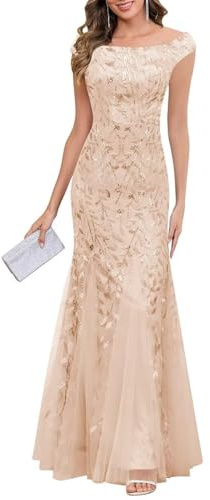 KIYNE Robe de mère de la mariée en tulle à paillettes et manches longues sirène pour invitée de mariage, rose gold, 46 Grande taille