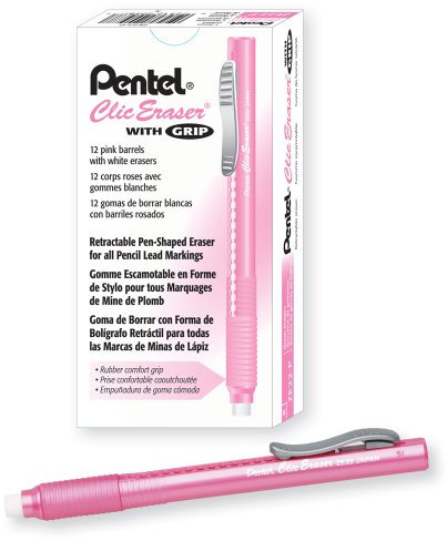 Pentel ZE22P Clic Radiergummi-Griff, einziehbarer Radiergummi, pinker Schaft, 12 Stück
