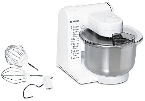 Bosch Küchenmaschine MUM4 MUM4407, Edelstahl-Schüssel 3,9 L , Planetenrührwerk, Knethaken, Schlag-, Rührbesen Edelstahl, 4 Arbeitsstufen, durch optionales Zubehör erweiterbar, 500 W, weiß