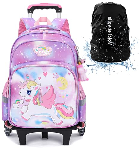 Trolley Rucksack Schulrucksack mit Rollen Mädchen Schultasche mit Rollen Mädchen Schultasche Kinder Schulranzen Rucksack Trolley Lila Einhorn 31x22x43cm