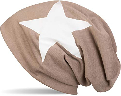styleBREAKER Unisex Stoff Beanie Mütze mit Stern Print, Stretch Slouch Longbeanie 04024038, Farbe:Taupe-Weiß