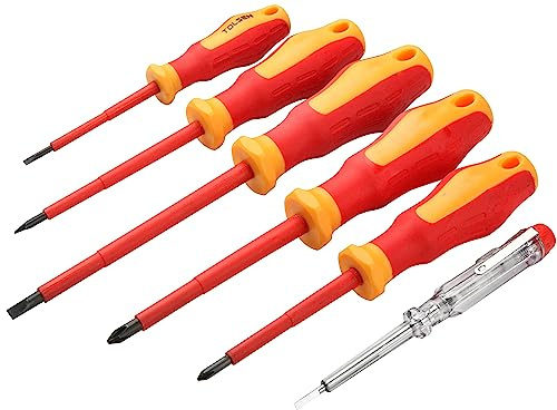 Tolsen 6PCS VDE Electricians Top Selling Screwdrivers Set ★ Certified VDE 1000v ★ NEW Improved Ergonomic Design ★ Flat 3*75, Flat 4*100, Flat 5.5*100, Phillips 1*80, Phillips 2*100, Phillips 3*140mm