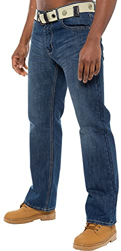 Enzo BNWT Mens Designer Denim Jeans Blue Regular Loose Fit Free Belt 32 W X30L Stone Wash