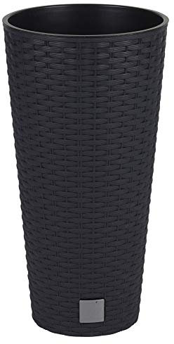 URBNLIVING Set of 2 Tall Rattan Design Flower Pots Round or Square (Small Round x 2, Black)