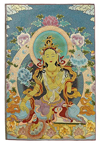 Prime Feng Shui Seidenstickerei tibetische Thangka mit grünem Tara/Kashgari Buddha/vier Arme Kwan Yin Avalokitesvara Wandbehang für Heimdekor Thangka Meditation, Satin