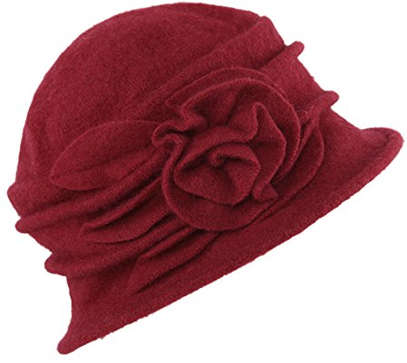 StarTreene 1920s Retro Hut Damen Winterhut Vintage Wollhut Blume Form Filzhut Fedorahüte Glockenhut Bowler Hut Melone Hut 58cm Rot