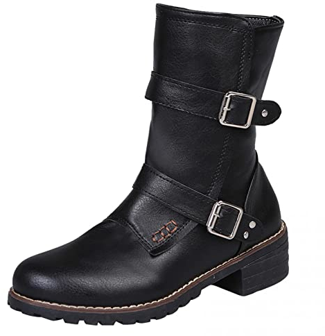 Stivaletti Donna Stivali Donna Stivali a metà Polpaccio Combat Ankle Combat con Scarpe Basse Borchiate (39,Nero)