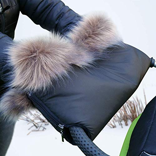 Baby-Joy Kinderwagen Muff mit Kunstfell, warmer Handwärmer und Handschutz, wetterfester Handschuh mit Reißverschluss und flauschigem Innenfutter | Farbe: 14 Beige