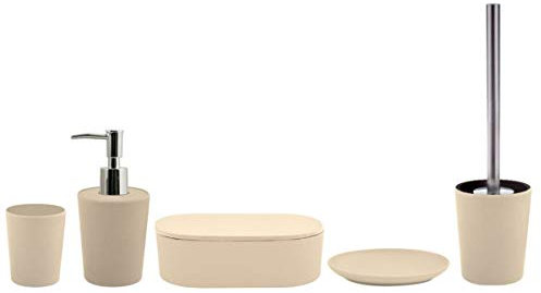 Spirella Set de 5 accessoires de salle de bain en bambou Takeo, distributeur de savon, brosse WC, porte-savon, boîte de rangement et gobelet à brosse à dents Sable