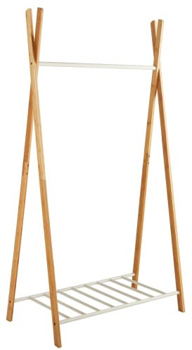Box and beyond - Portant à Vêtements Yaka - 93 x 50 x 173 cm - Bois Naturel et Métal Blanc - Étagère - Forme Tipi - Portant, Porte-Manteaux - Vêtements, Chaussures - Entrée, Chambre - Style Original