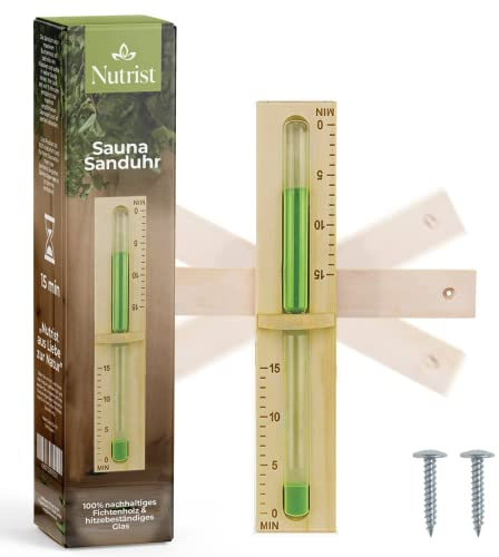 Nutrist® Reloj de arena para sauna, 15 minutos, 100% sostenible, arena natural verde + 2 tornillos de acero inoxidable, cristal resistente y resistente al calor, reloj de sauna, accesorios premium