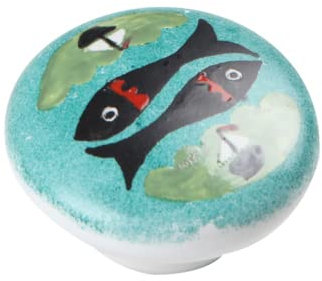 Karan Möbelknopf Baby, Porzellan Fische blau schwarz grün, 55 mm x 25 mm x 55 mm, BABY-5361-102