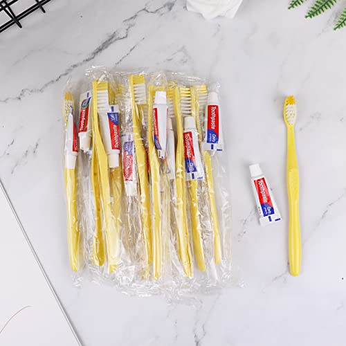 Zahnbürsten mit Zahnpasta,200 Set Gelb Hohl Einwegzahnbürsten mit Zahnpasta Einzeln Verpackt Einweg Zahnbürsten Zahnpasta für Hotel,Obdachlose,Pflegeheim,Wohltätigkeit