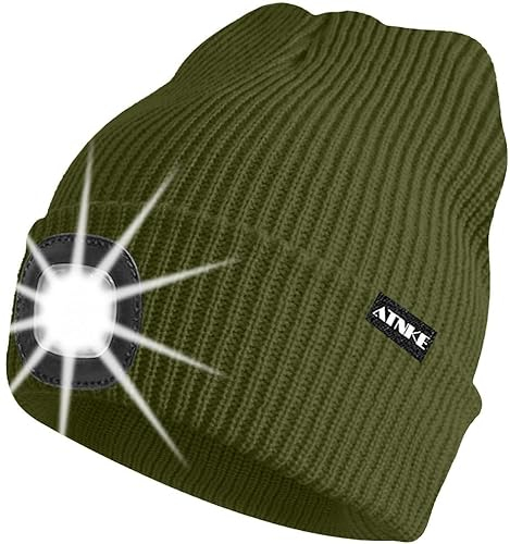 ATNKE Unisex LED Mütze mit Licht,Wiederaufladbare USB 4 LED Beleuchtete Laufmütze Extrem Heller Lampe Winter Warme Stricken Mütze für Herren und Damen Geschenke/Army Green