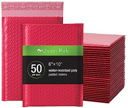 Quality Park Luftpolster-Versandtaschen, 15,2 x 22,9 cm, wasserabweisend, rote Poly-gepolsterte Umschläge, Redi-Strip Abziehverschluss, 50 Stück pro Box (QUA85864)