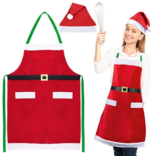 Weihnachtsschürze Rot Weihnachten Schürze mit Weihnachtsmütze Polyester Kochschürze mit Taschen Weihnachtsmann Schürze für Weihnachten Kostüm Damen und Herren Karneval Fasching Kostümparty usw.