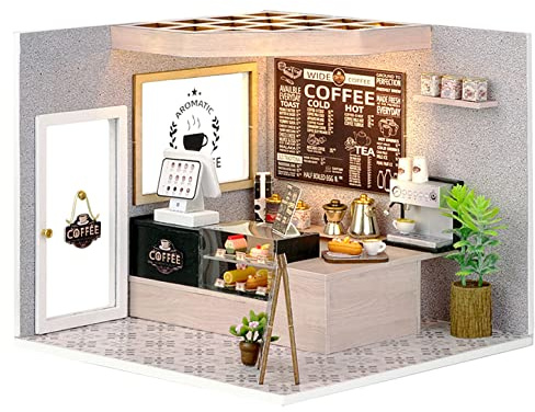 CUTEROOM Miniature Dolls House Kit for Adult, Leisurely Coffee Shop | DIY Wooden Dollhouse Handmade Miniature Kit, Miniature Dolls House Kit, DIY Dollhouse Kit Craft Birthday Gifts