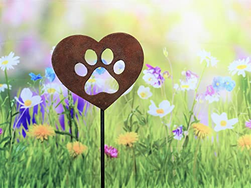 D&L Lasertec Edelrost Gartenstecker Herz mit Pfote Rost, Gartendekoration, mit Stab