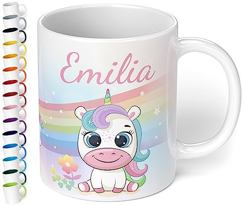 Kinder-Tasse mit Namen „Einhorn mit Regenbogen-Motiv“ – personalisierte Tasse für Jungen und Mädchen - rundum bedruckt – schönes Geschenk zu Weihnachten, Geburtstag (Weiß)