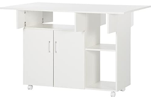HOMCOM Esstisch Klapptisch mit Rollen Küchenschrank Mobiler Tisch mit Klappplatte Küchentisch mit 3 Regale 1 Schrank für Esszimmer Wohnzimmer Weiß Spanplatte 115 x 73 x 76 cm