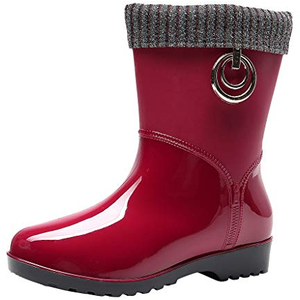 Stivali corti da donna in gomma imbottiti, impermeabili, antiscivolo, con tacco piatto di media lunghezza, con stivali di gomma, in plastica, leggeri, per donna, Colore: rosso, 40 EU